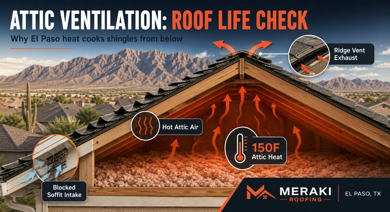 Infographic showing hot attic air, blocked soffit intake, and ridge vent exhaust on an El Paso roof